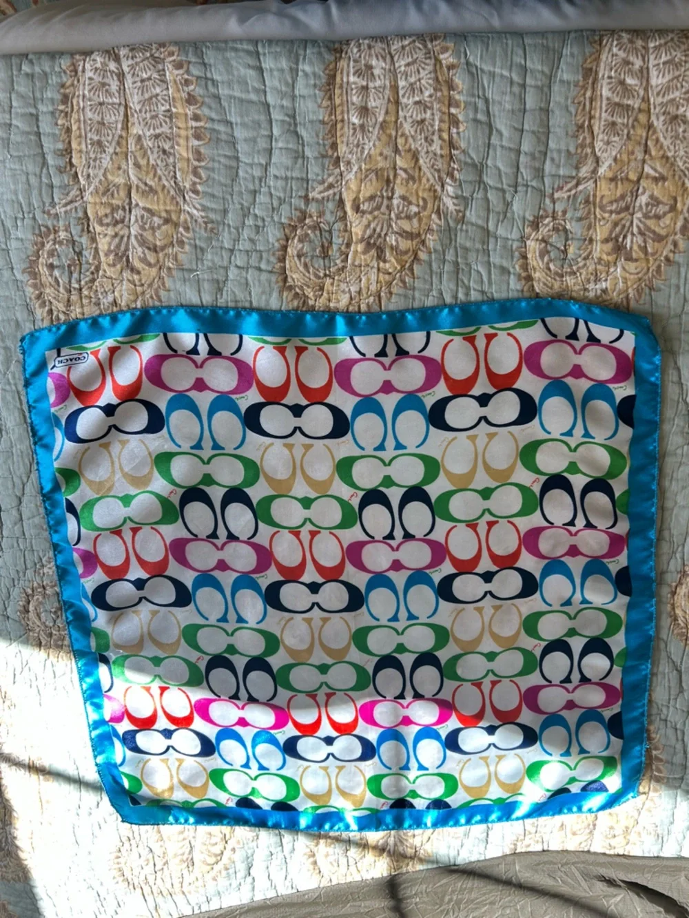 Vintage Coach Turquoise-Edged Multicolor Logo Silk Scarf - Picture 1 of 7